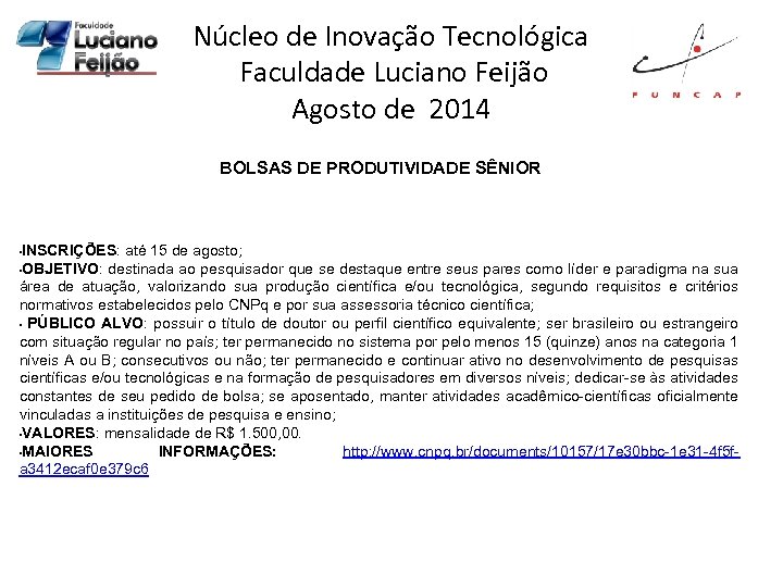 Núcleo de Inovação Tecnológica Faculdade Luciano Feijão Agosto de 2014 BOLSAS DE PRODUTIVIDADE SÊNIOR