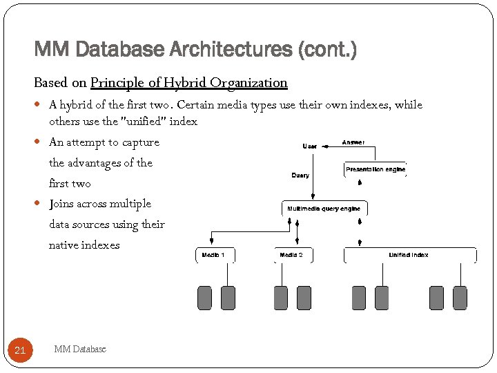 MM Database Architectures (cont. ) Based on Principle of Hybrid Organization A hybrid of