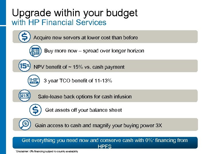 Upgrade within your budget with HP Financial Services Acquire new servers at lower cost