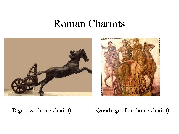 Roman Chariots Biga (two-horse chariot) Quadriga (four-horse chariot) 