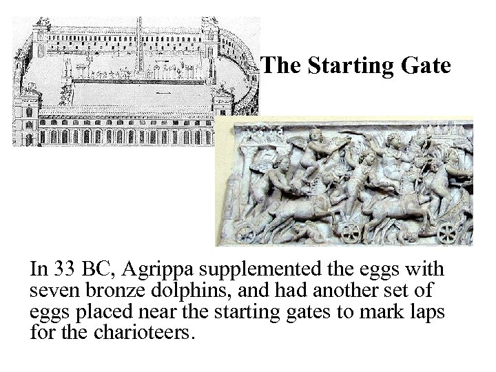 The Starting Gate In 33 BC, Agrippa supplemented the eggs with seven bronze dolphins,