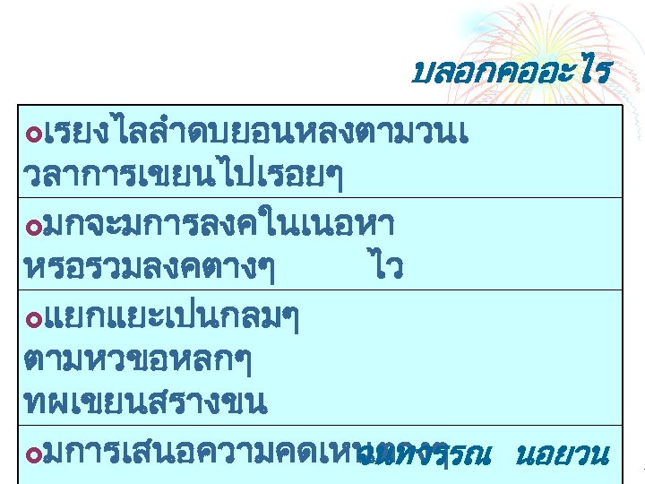 บลอกคออะไร เรยงไลลำดบยอนหลงตามวนเ วลาการเขยนไปเรอยๆ £มกจะมการลงคในเนอหา หรอรวมลงคตางๆ ไว £แยกแยะเปนกลมๆ ตามหวขอหลกๆ ทผเขยนสรางขน £มการเสนอความคดเหนตางๆ จนทวรรณ นอยวน , £