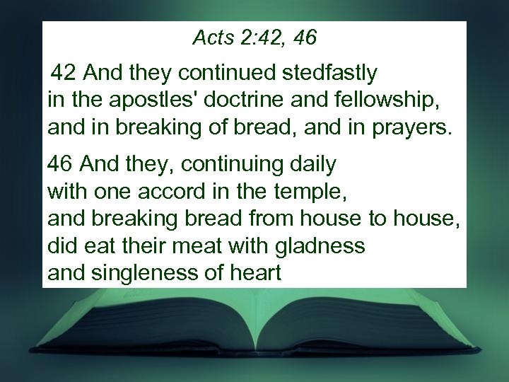 Acts 2: 42, 46 42 And they continued stedfastly in the apostles' doctrine and