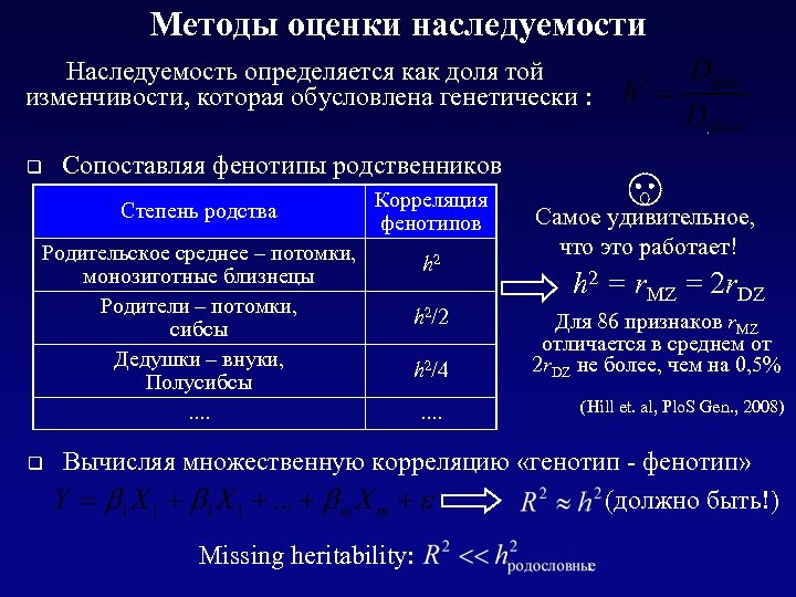 Методы оценки наследуемости Наследуемость определяется как доля той изменчивости, которая обусловлена генетически : q