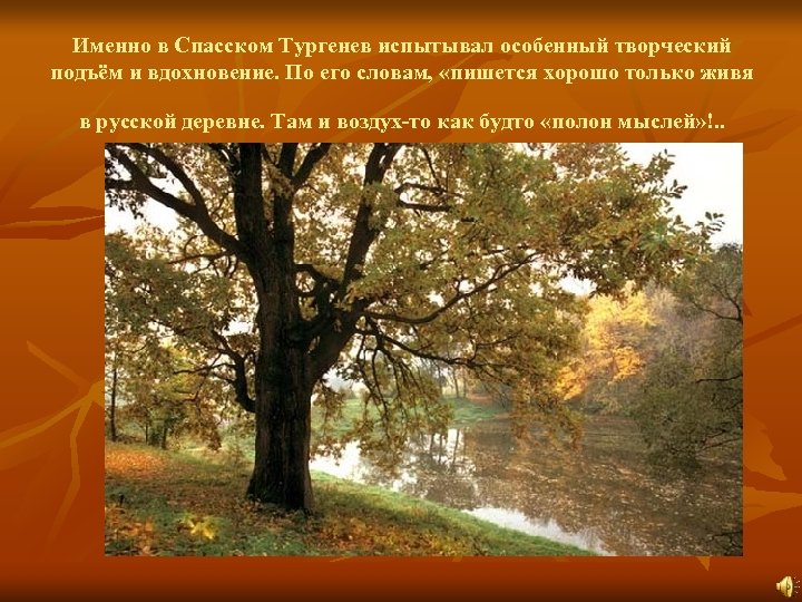 Именно в Спасском Тургенев испытывал особенный творческий подъём и вдохновение. По его словам, «пишется