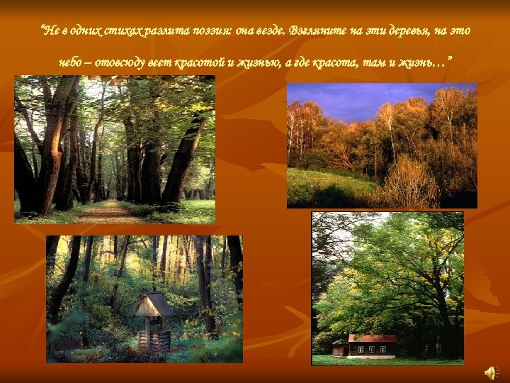 “Не в одних стихах разлита поэзия: она везде. Взгляните на эти деревья, на это