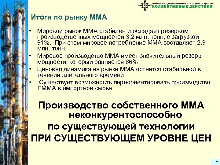 Итоги по рынку ММА • Мировой рынок ММА стабилен и обладает резервом производственных мощностей