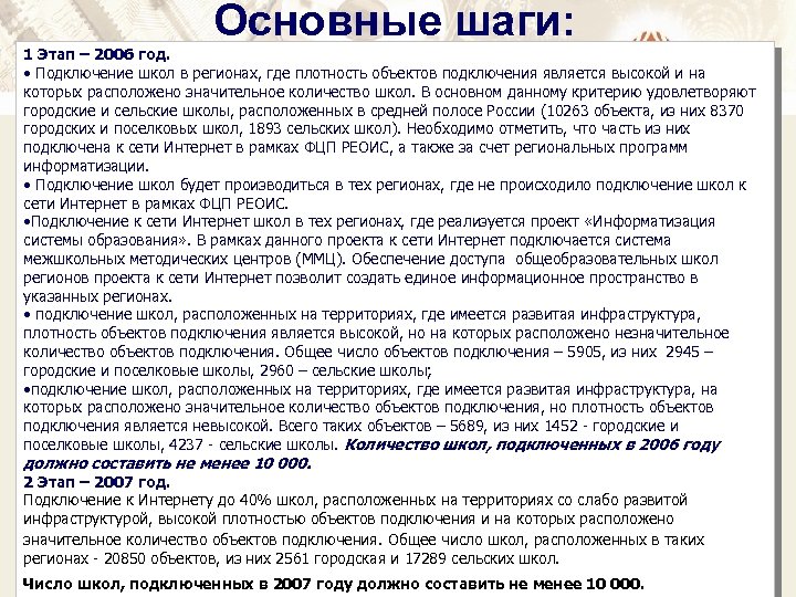 Основные шаги: 1 Этап – 2006 год. • Подключение школ в регионах, где плотность