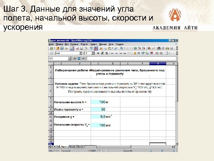 Шаг 3. Данные для значений угла полета, начальной высоты, скорости и ускорения 