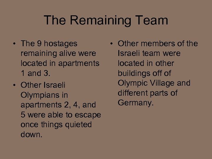 The Remaining Team • The 9 hostages remaining alive were located in apartments 1