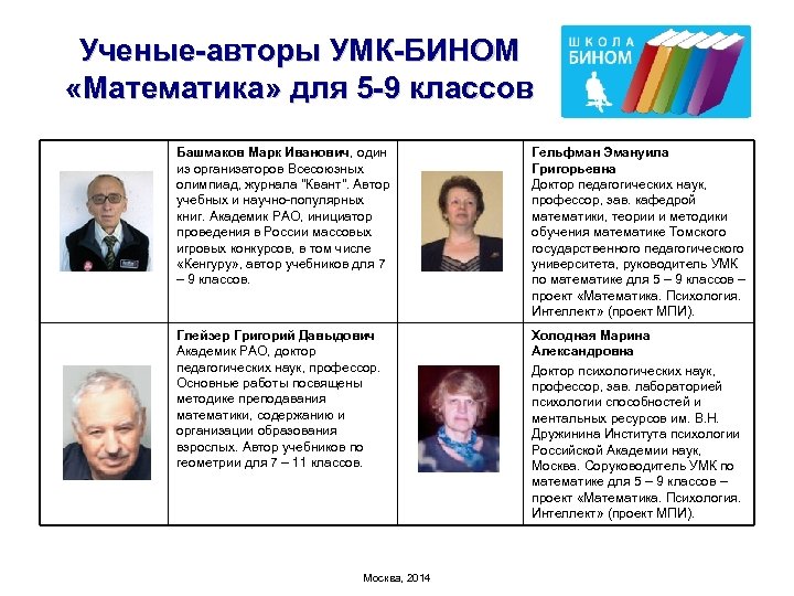 Ученые-авторы УМК-БИНОМ «Математика» для 5 -9 классов Башмаков Марк Иванович, один из организаторов Всесоюзных