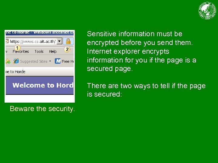 Sensitive information must be encrypted before you send them. Internet explorer encrypts information for