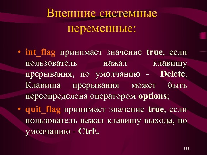 Внешние системные переменные: • int_flag принимает значение true, если пользователь нажал клавишу прерывания, по