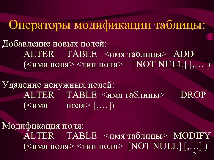 Операторы модификации таблицы: Добавление новых полей: ALTER TABLE <имя таблицы> ADD (<имя поля> <тип