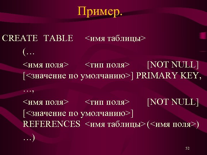 Пример. CREATE TABLE <имя таблицы> (… <имя поля> <тип поля> [NOT NULL] [<значение по