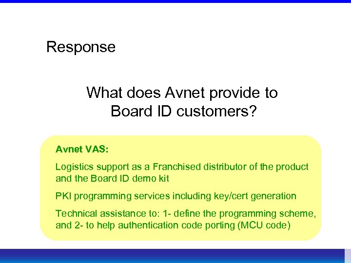 Response What does Avnet provide to Board ID customers? Avnet VAS: Logistics support as