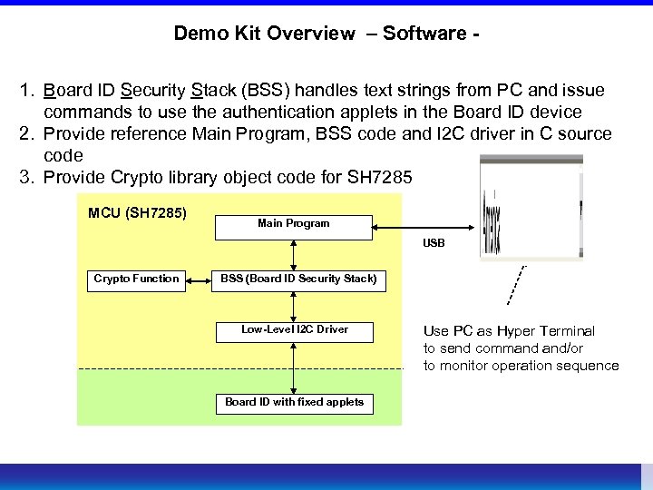 Demo Kit Overview – Software 1. Board ID Security Stack (BSS) handles text strings