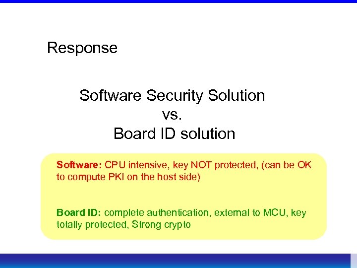Response Software Security Solution vs. Board ID solution Software: CPU intensive, key NOT protected,
