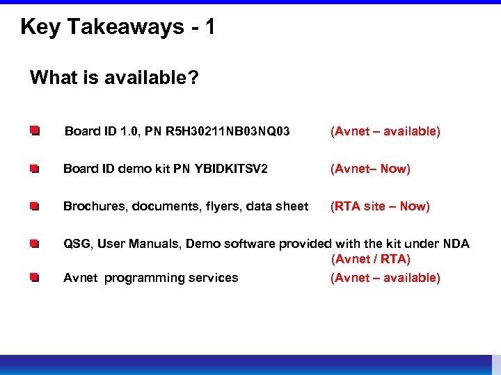 Key Takeaways - 1 What is available? Board ID 1. 0, PN R 5
