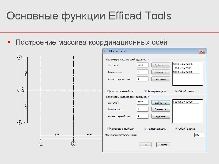 Основные функции Efficad Tools Построение массива координационных осей 