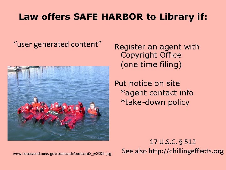 Law offers SAFE HARBOR to Library if: “user generated content” Register an agent with