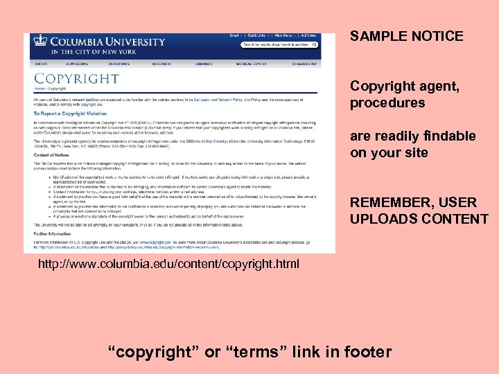 SAMPLE NOTICE Copyright agent, procedures are readily findable on your site REMEMBER, USER UPLOADS