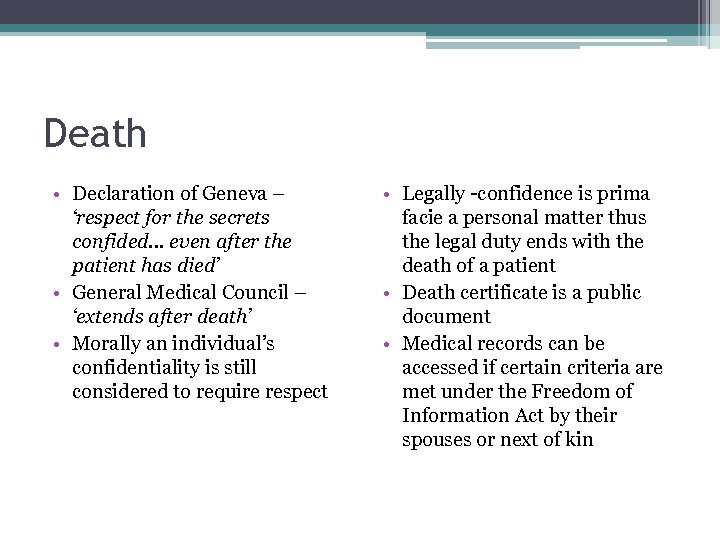 Death • Declaration of Geneva – ‘respect for the secrets confided. . . even