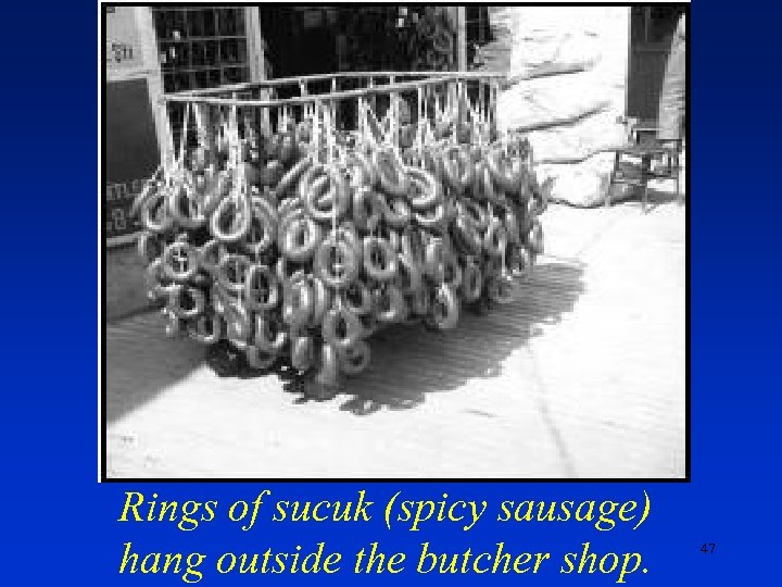 Rings of sucuk (spicy sausage) hang outside the butcher shop. 47 