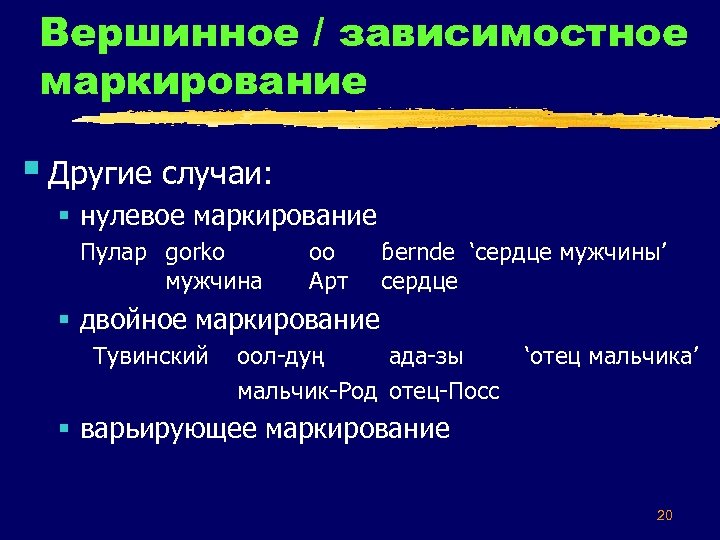 Вершинное / зависимостное маркирование § Другие случаи: § нулевое маркирование Пулар gorko мужчина oo