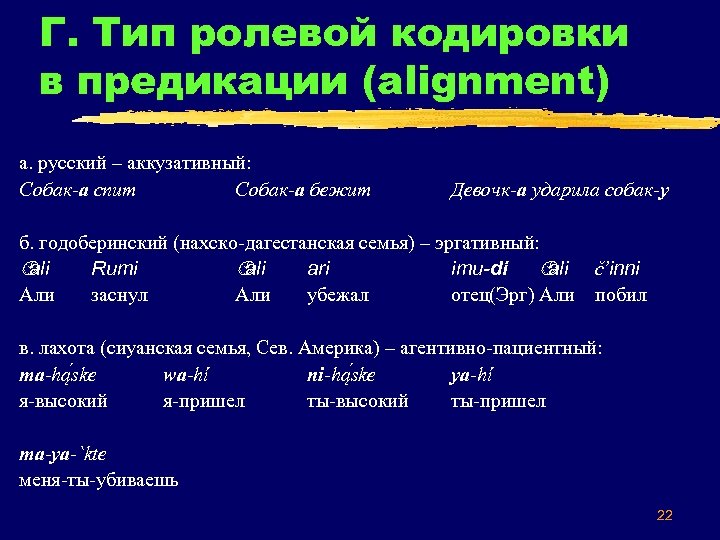 Г. Тип ролевой кодировки в предикации (alignment) а. русский – аккузативный: Собак-а спит Собак-а