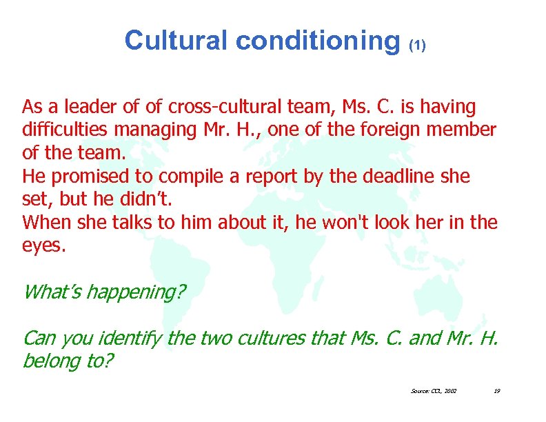 Cultural conditioning (1) As a leader of of cross-cultural team, Ms. C. is having