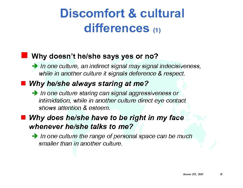 Discomfort & cultural differences (1) n Why doesn’t he/she says yes or no? è