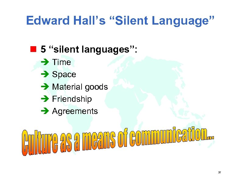 Edward Hall’s “Silent Language” n 5 “silent languages”: è Time è Space è Material