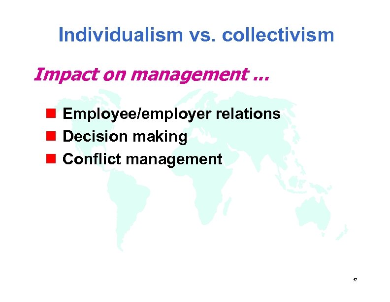 Individualism vs. collectivism Impact on management. . . n Employee/employer relations n Decision making