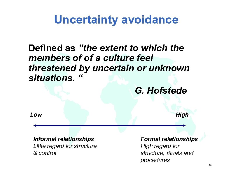 Uncertainty avoidance Defined as ”the extent to which the members of of a culture