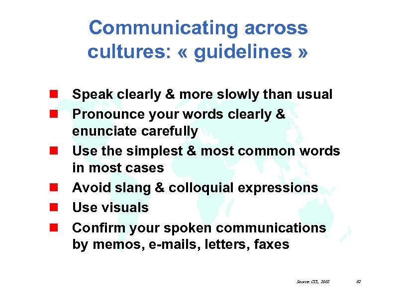 Communicating across cultures: « guidelines » n Speak clearly & more slowly than usual