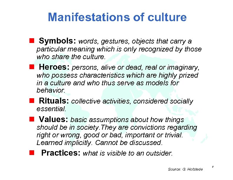 Manifestations of culture n Symbols: words, gestures, objects that carry a particular meaning which