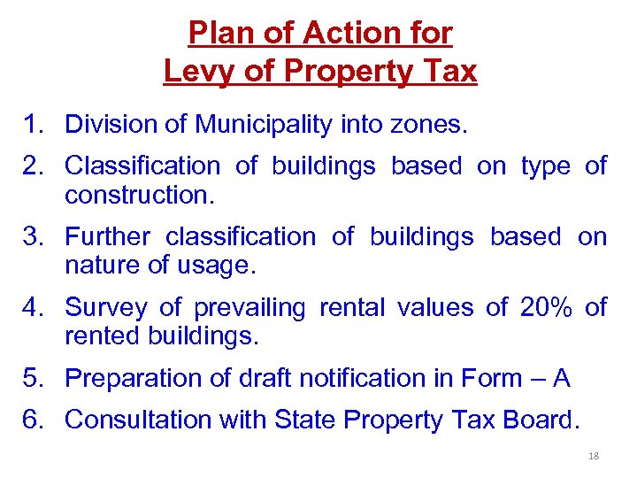 Plan of Action for Levy of Property Tax 1. Division of Municipality into zones.