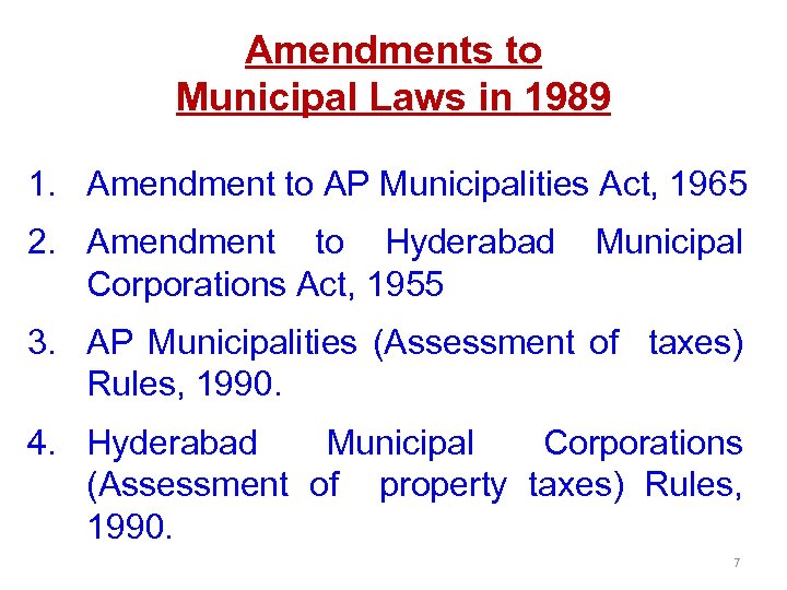 Amendments to Municipal Laws in 1989 1. Amendment to AP Municipalities Act, 1965 2.