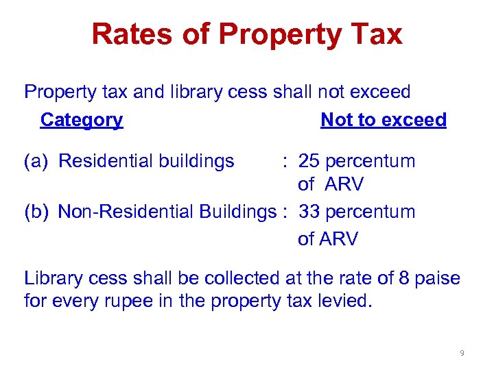 Rates of Property Tax Property tax and library cess shall not exceed Category Not
