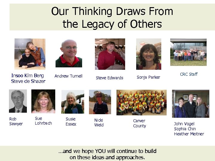 Our Thinking Draws From the Legacy of Others Insoo Kim Berg Steve de Shazer