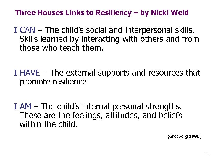 Three Houses Links to Resiliency – by Nicki Weld I CAN – The child’s