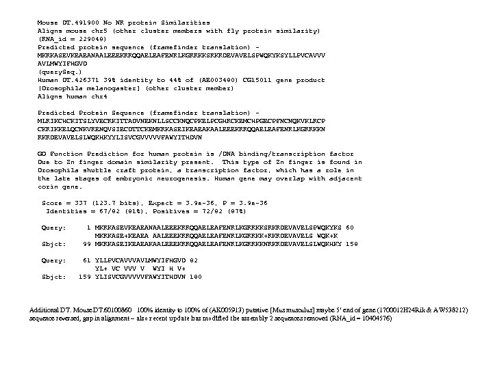Mouse DT. 491900 No NR protein Similarities Aligns mouse chr 5 (other cluster members