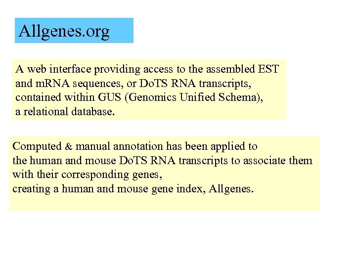 Allgenes. org A web interface providing access to the assembled EST and m. RNA