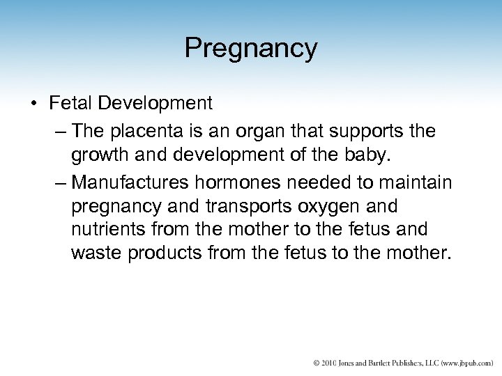 Pregnancy • Fetal Development – The placenta is an organ that supports the growth