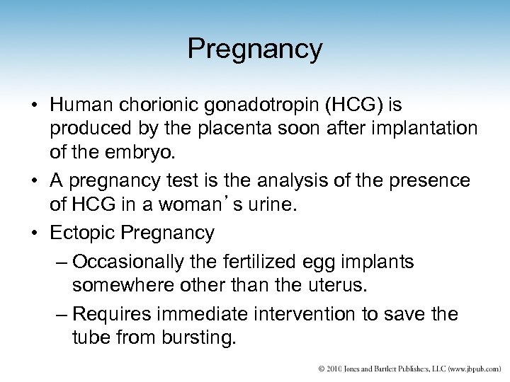 Pregnancy • Human chorionic gonadotropin (HCG) is produced by the placenta soon after implantation