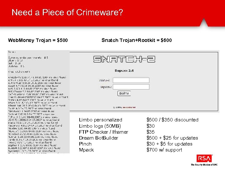 Need a Piece of Crimeware? Web. Money Trojan = $500 Snatch Trojan+Rootkit = $600