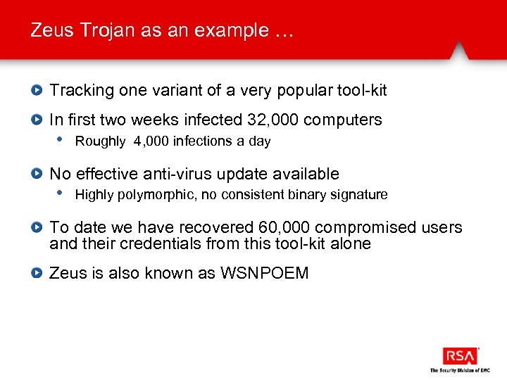 Zeus Trojan as an example … Tracking one variant of a very popular tool-kit