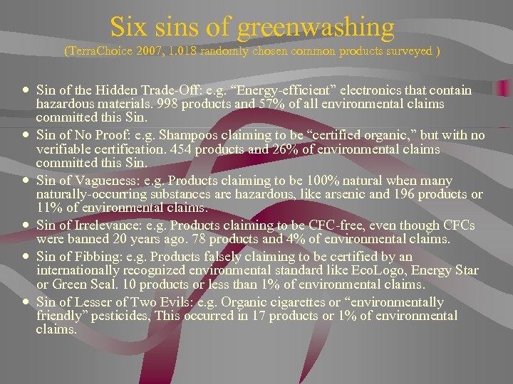 Six sins of greenwashing (Terra. Choice 2007, 1. 018 randomly chosen common products surveyed