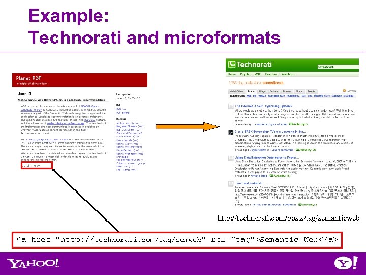 Example: Technorati and microformats http: //technorati. com/posts/tag/semanticweb <a href="http: //technorati. com/tag/semweb" rel="tag">Semantic Web</a> 